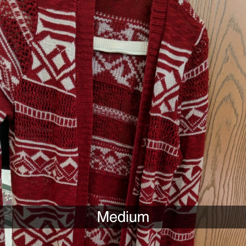 Long red knit cardigan